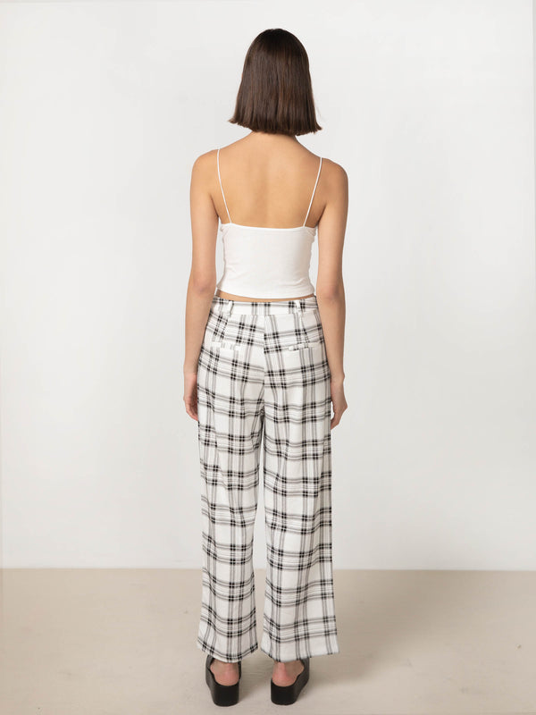 Cubic Tartan Wide Leg Flared Trousers White
