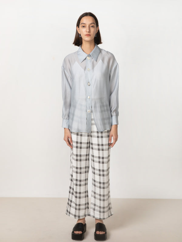 Cubic Tartan Wide Leg Flared Trousers White