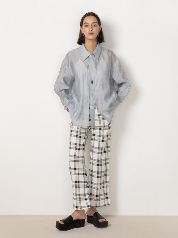 Cubic Tartan Wide Leg Flared Trousers White