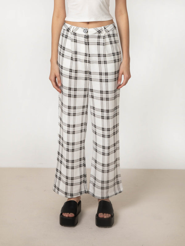 cubic Tartan Wide Leg Flared Trousers White