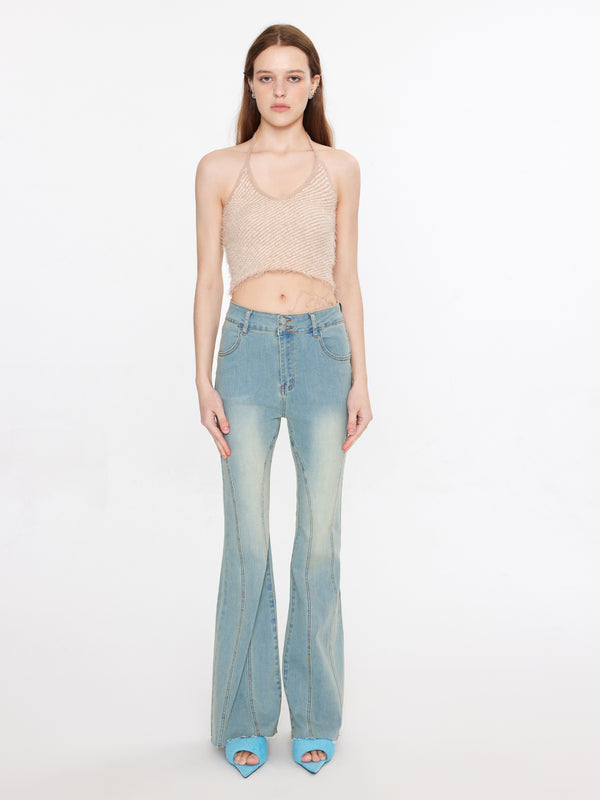 Cubic Thin Knit Cropped Halter Top Coffee