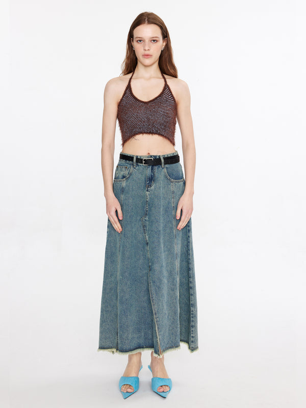 cubic Thin Knit Cropped Halter Top Coffee