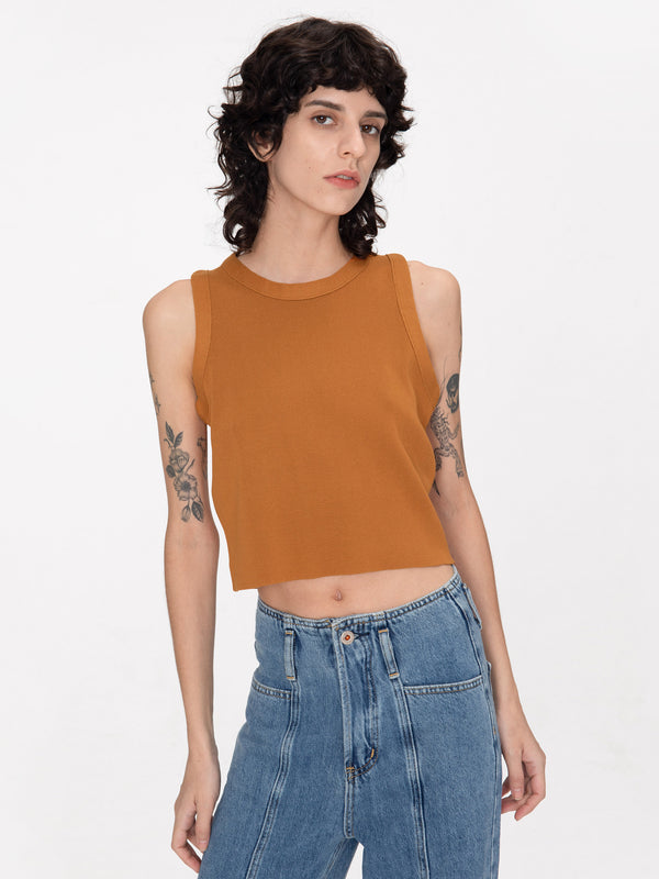 Cubic Thin Knit Fitted Vest Yellowish Brown