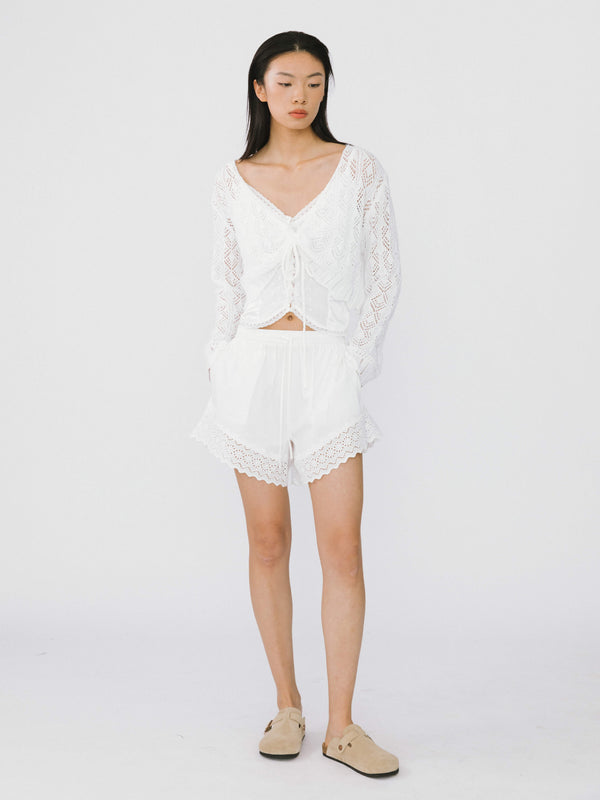Cubic Thin Knit V-Neck Drawstring Top White