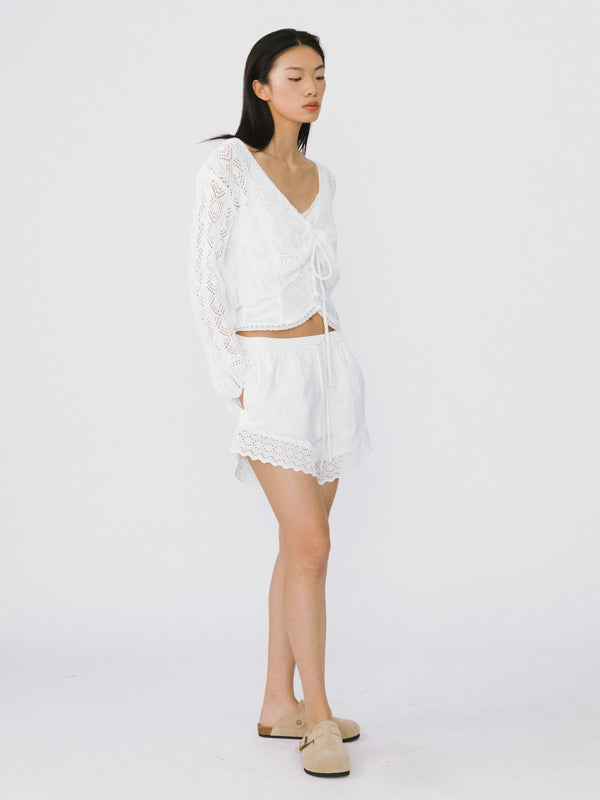 Cubic Thin Knit V-Neck Drawstring Top White
