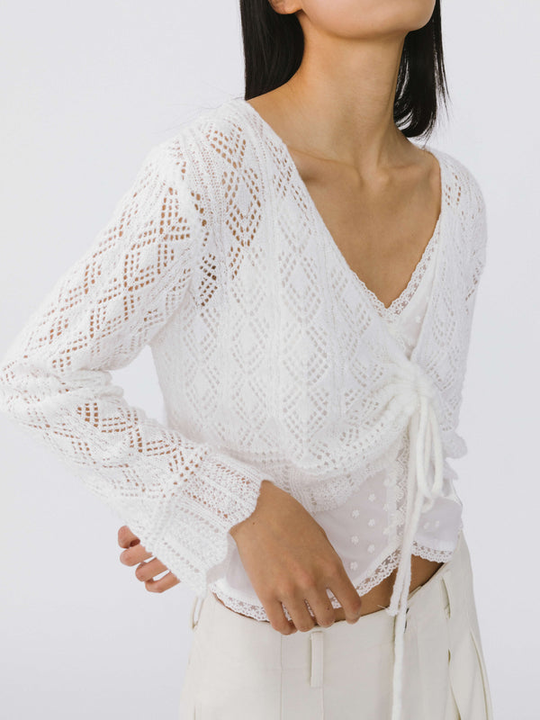 Cubic Thin Knit V-Neck Drawstring Top White