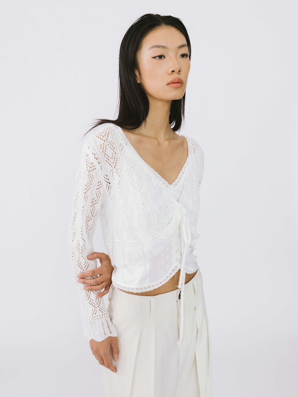 cubic Thin Knit V-Neck Drawstring Top White
