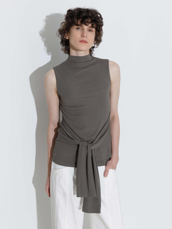 Cubic Tie-Detail Sleeveless Mock Neck Top Black