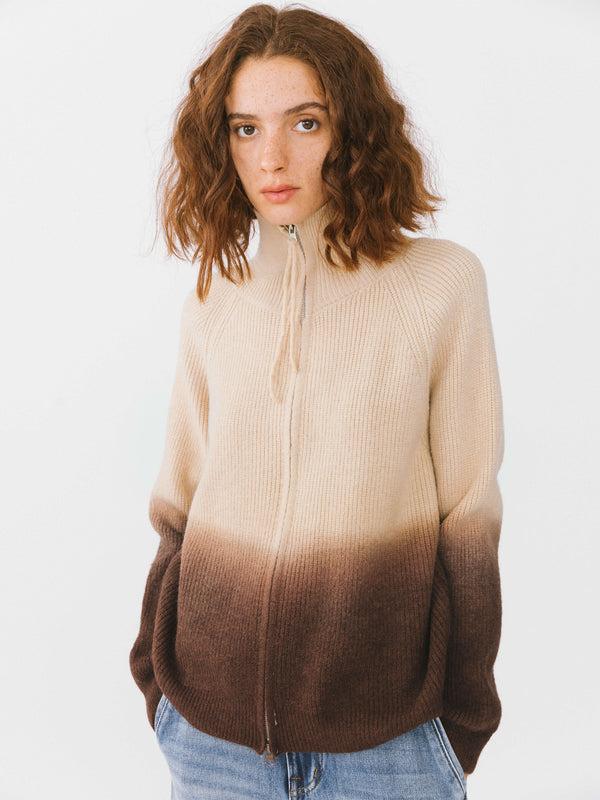 Cubic Tie-Dye Zipper Knit Cardigan Khaki