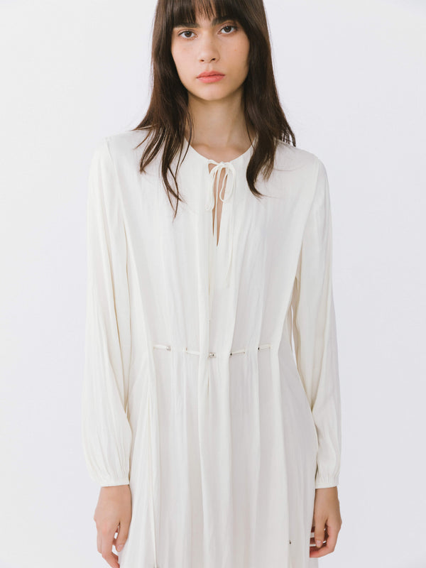 Cubic Tiered Long Sleeve A-line Dress White