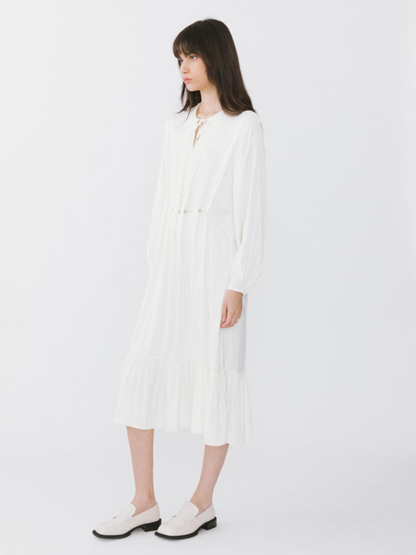 Cubic Tiered Long Sleeve A-line Dress White