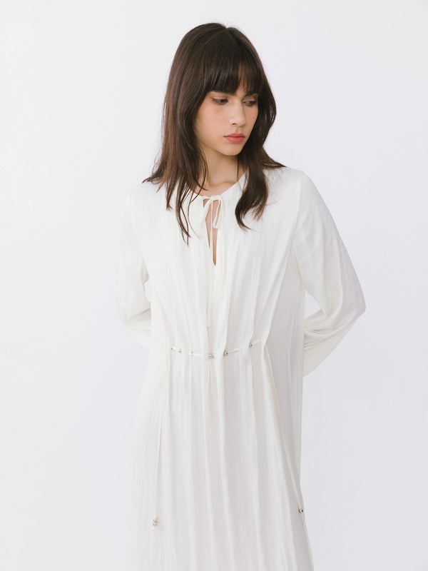Cubic Tiered Long Sleeve A-line Dress White