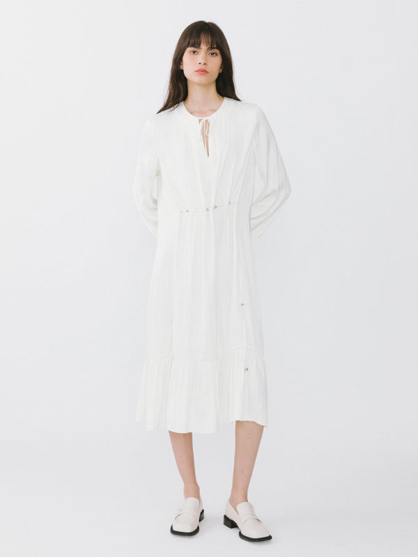 cubic Tiered Long Sleeve A-line Dress White