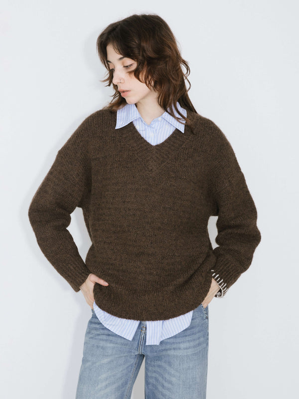 Cubic V-Neck Alpaca Knitwear Jumper SaddleBrown