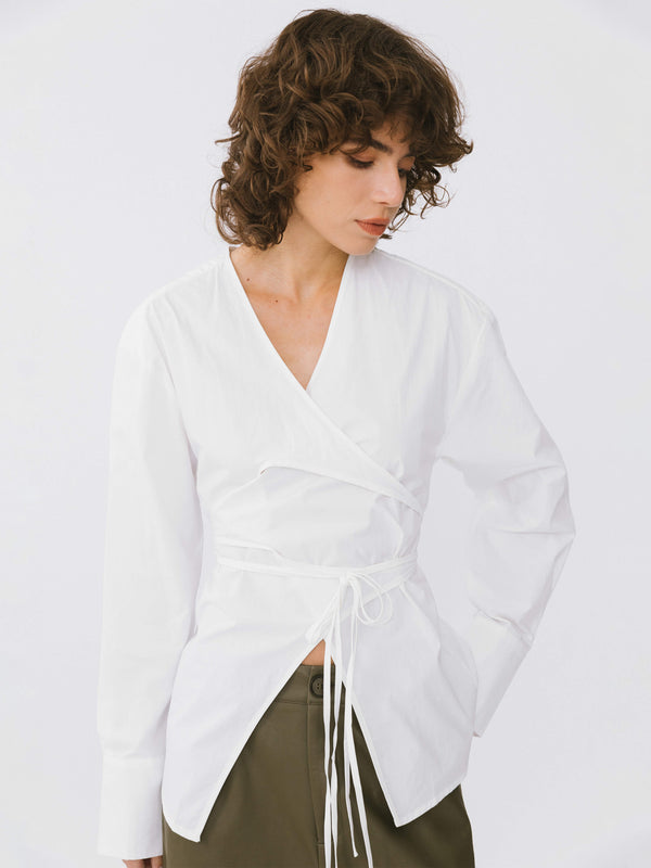 Cubic V-Neck Criss-Crossed Layered Blouse White