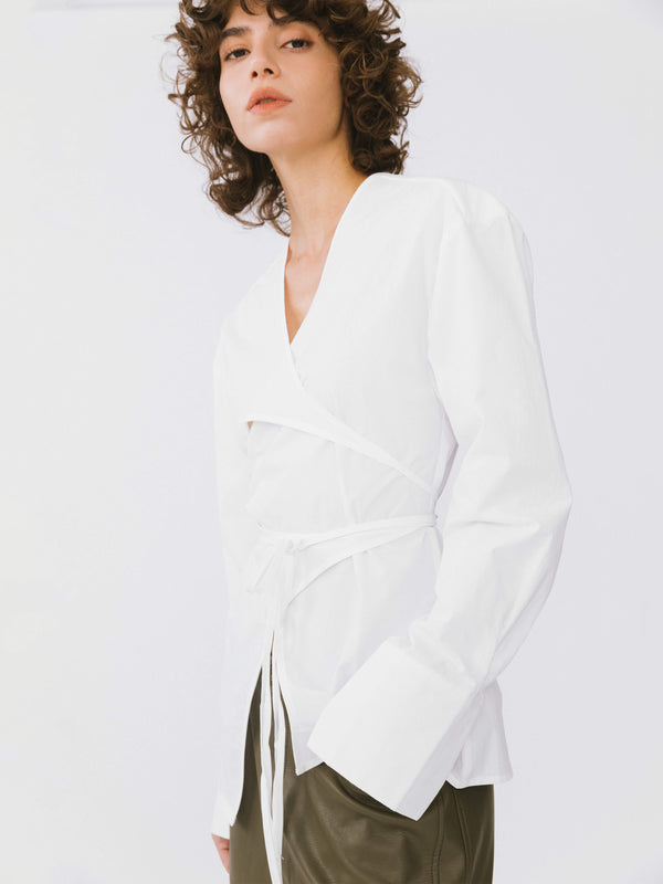 Cubic V-Neck Criss-Crossed Layered Blouse White