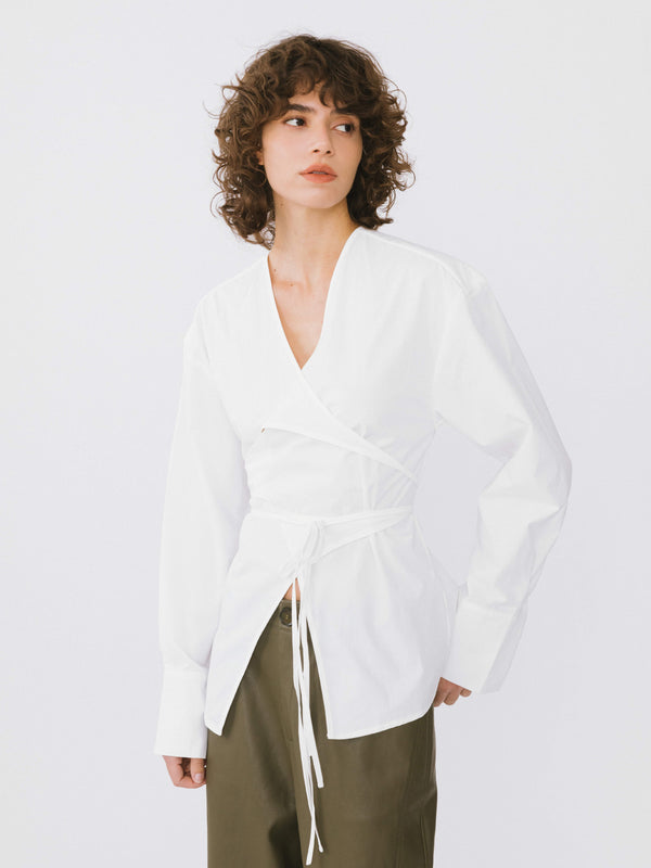cubic V-Neck Criss-Crossed Layered Blouse White