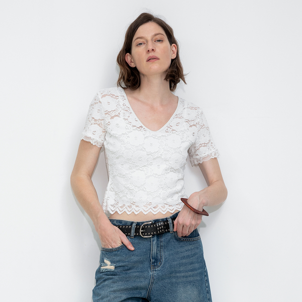 Cubic V-Neck Lace Short-Sleeve T-Shirt White