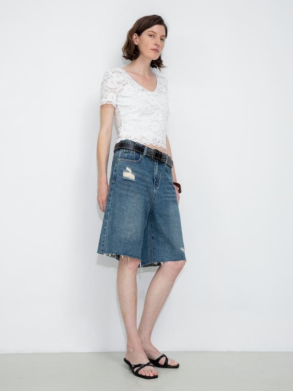 Cubic V-Neck Lace Short-Sleeve T-Shirt White