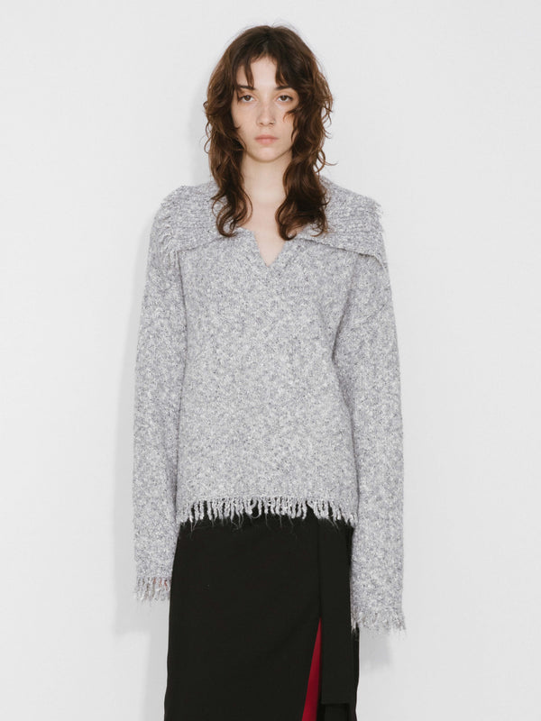 Cubic V-Neck Long Sleeve Knit Sweater Linen