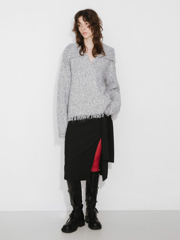 cubic V-Neck Long Sleeve Knit Sweater Linen