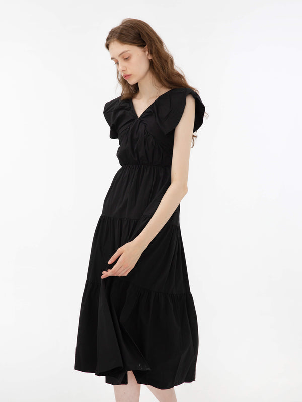 Cubic V-Neck Ruched Tiered Dress Black