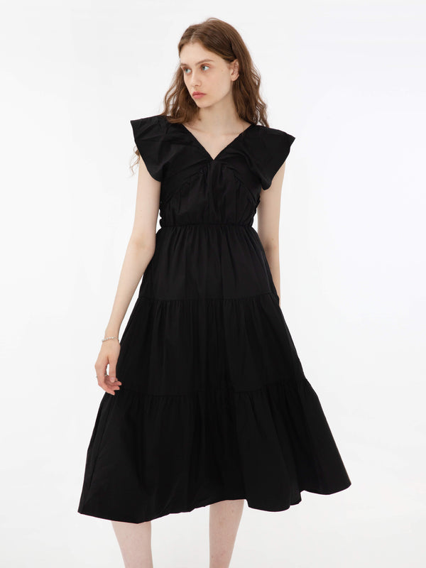 Cubic V-Neck Ruched Tiered Dress Black