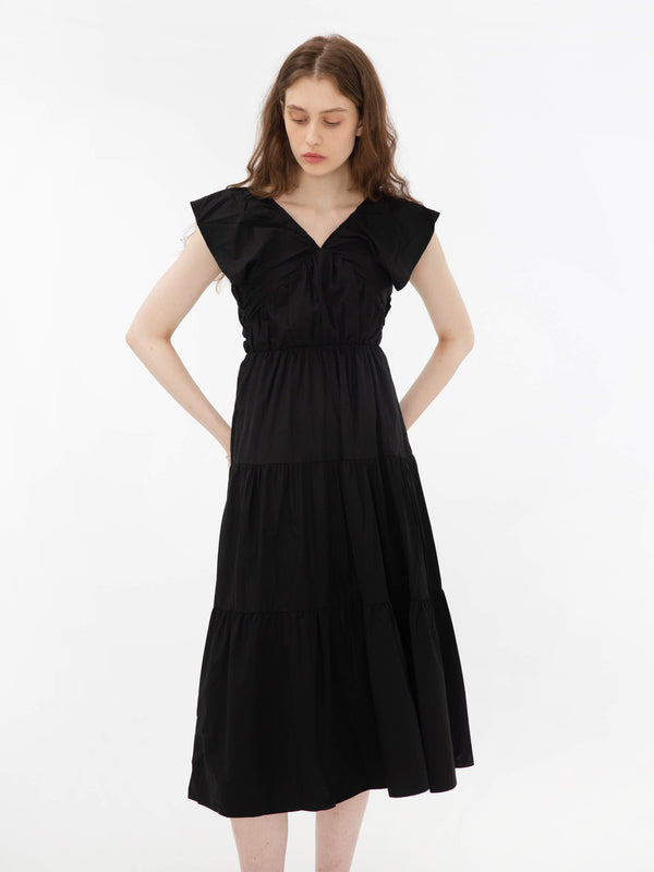 Cubic V-Neck Ruched Tiered Dress Black