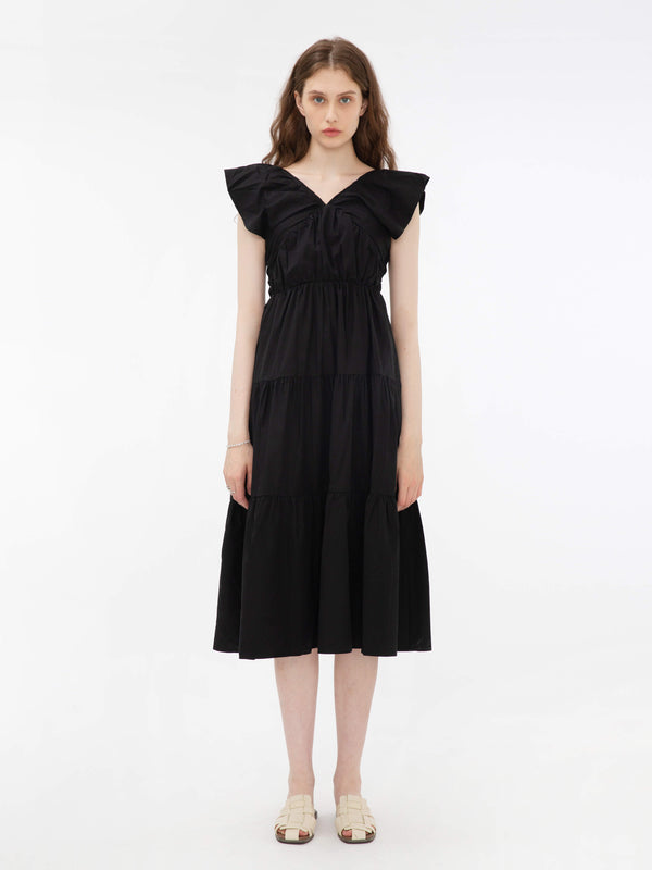 cubic V-Neck Ruched Tiered Dress Black