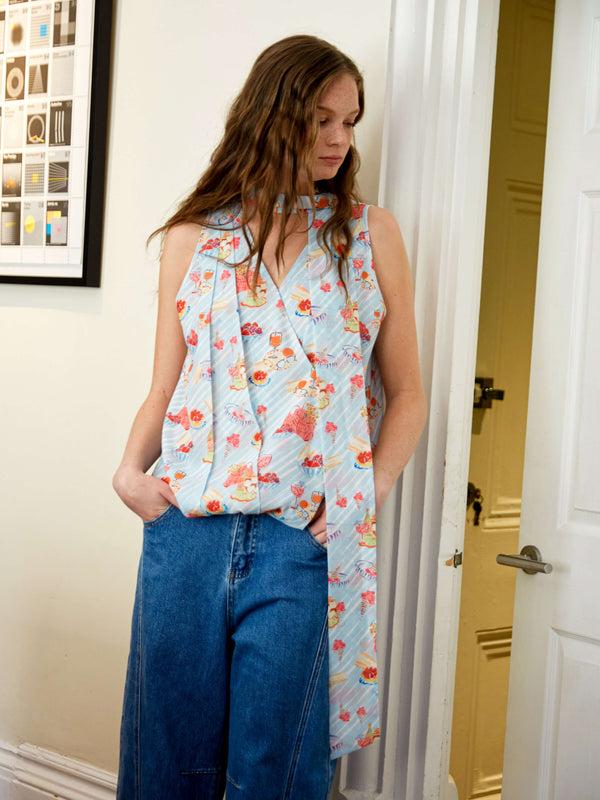 Cubic V-Neck Sleeveless Top With Scarf Tie Blue