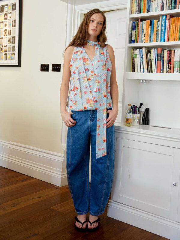 Cubic V-Neck Sleeveless Top With Scarf Tie Blue