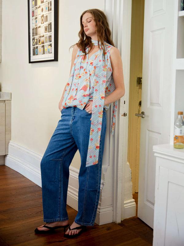 cubic V-Neck Sleeveless Top with Scarf Tie Blue