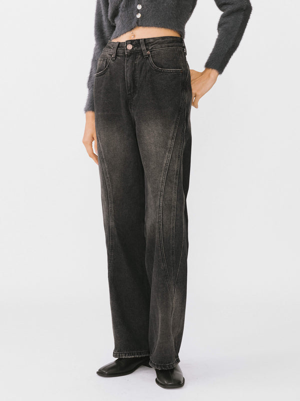 Cubic Vintage Style Straight Leg Denim Jeans Black