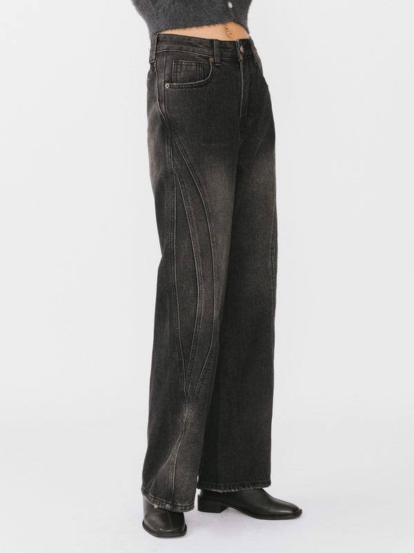cubic Vintage Style Straight leg Denim Jeans Black