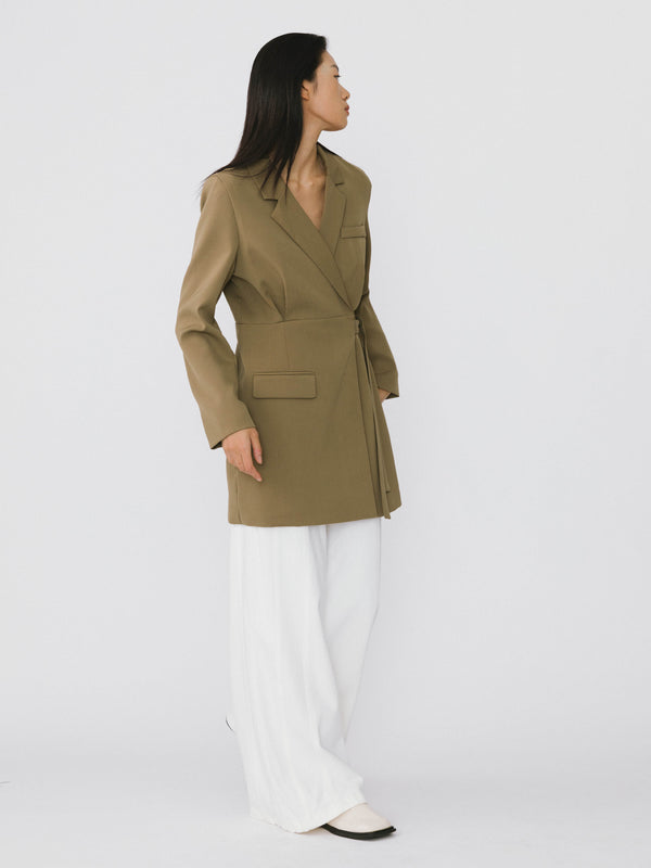 Cubic Waist Belted Blazer Khaki