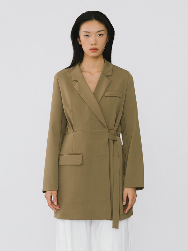 Cubic Waist Belted Blazer Khaki