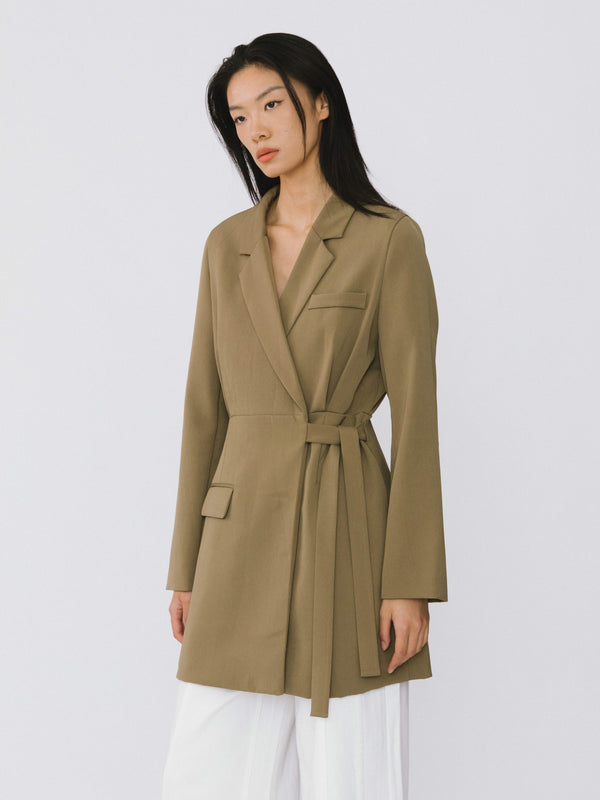 cubic Waist Belted Blazer Khaki