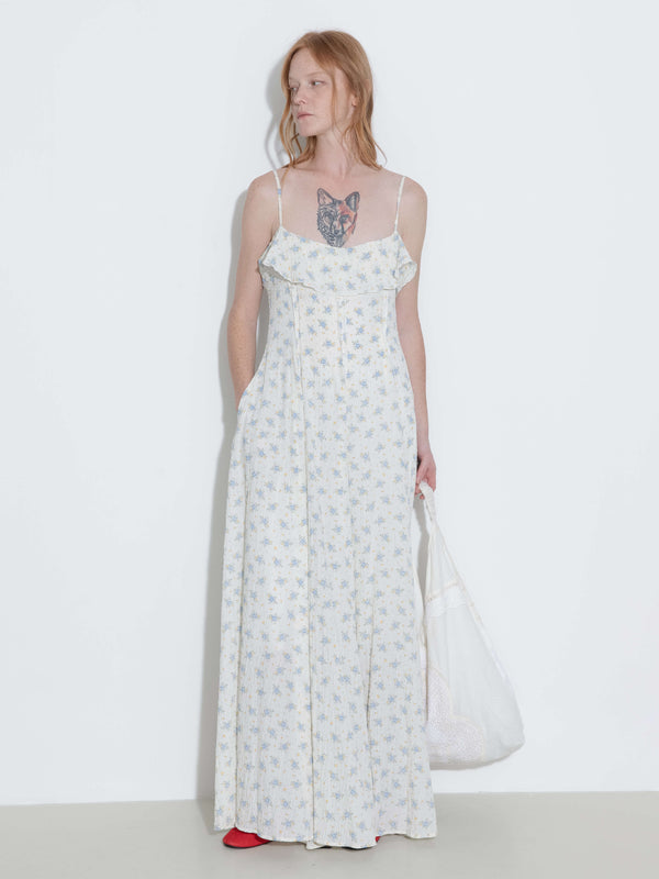 Cubic Waist Gathered Floral Sling Dress White