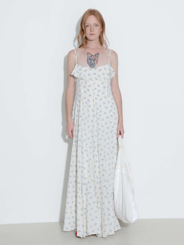 Cubic Waist Gathered Floral Sling Dress White