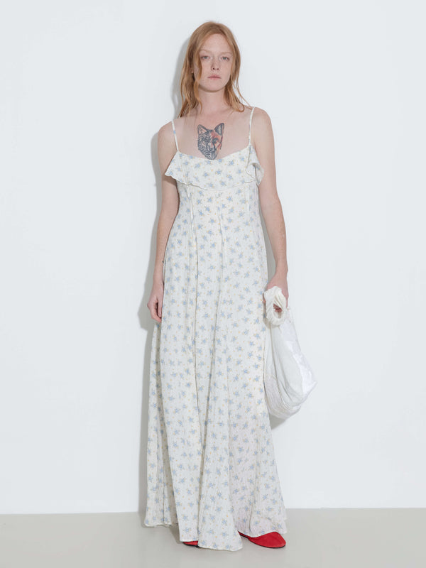 Cubic Waist Gathered Floral Sling Dress White