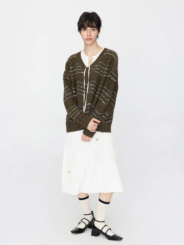 cubic Wave Striped Oversized Sweater Saddle Brown
