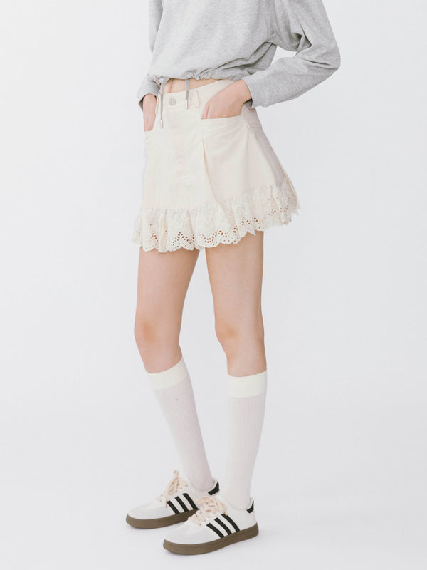 cubic Wheat Lace Mini Skirt FloralWhite