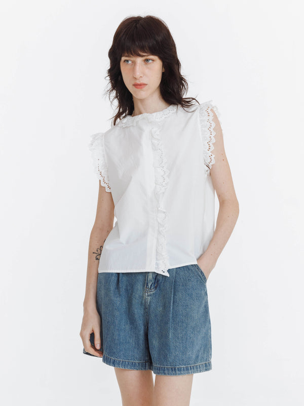 cubic White Cotton Lace Sleeveless Top White