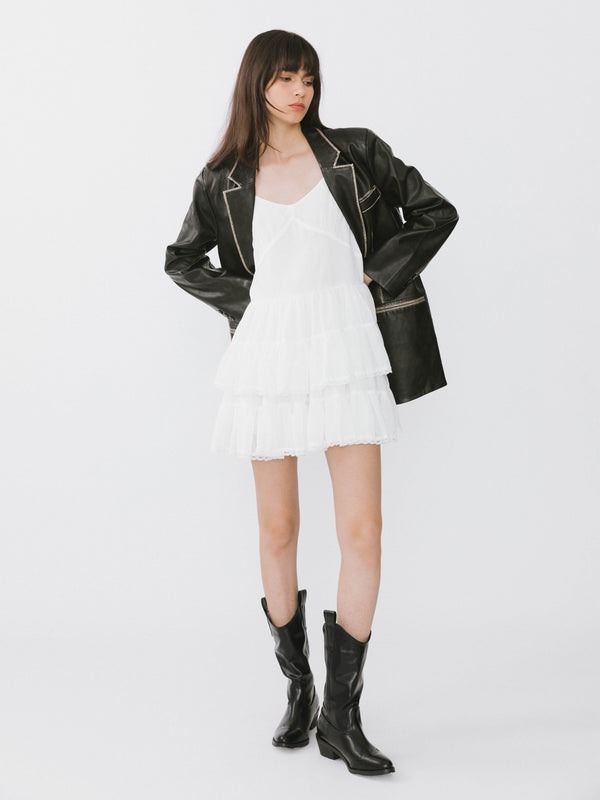 Cubic White Lace Tiered Short Dress White