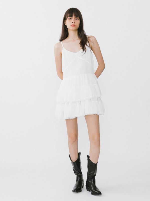 cubic White Lace Tiered Short Dress White