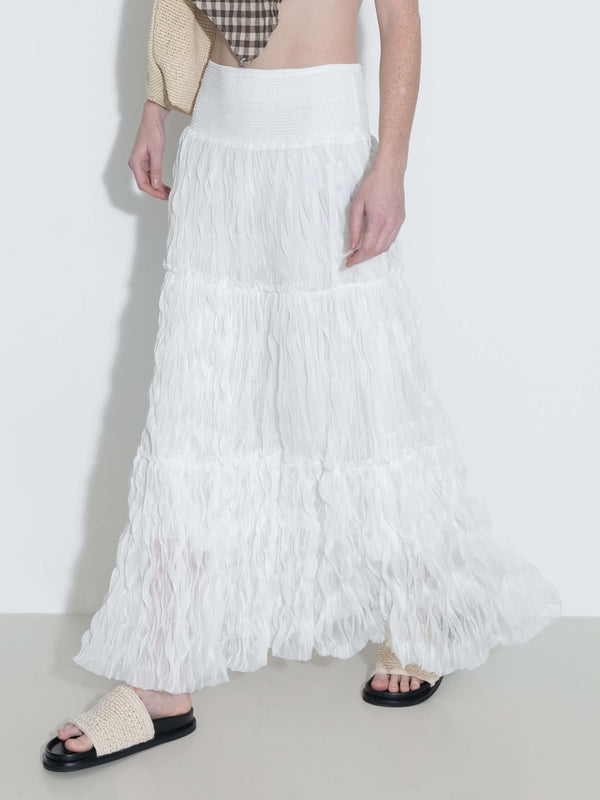 Cubic White Wavy Draped Midi Skirt White