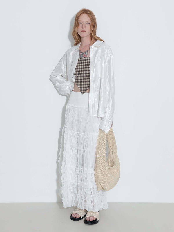 Cubic White Wavy Draped Midi Skirt White