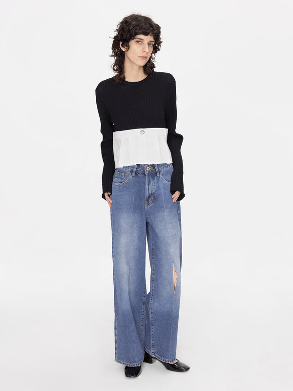 cubic Wide Leg Jeans with Single Pleat Steel Blue