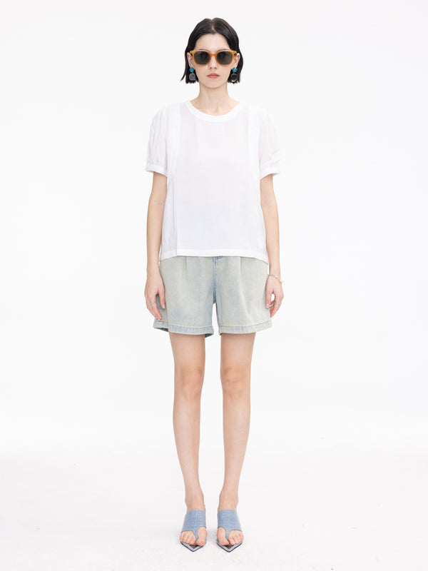 Cubic Wide Leg Pleated Denim Shorts Light Blue