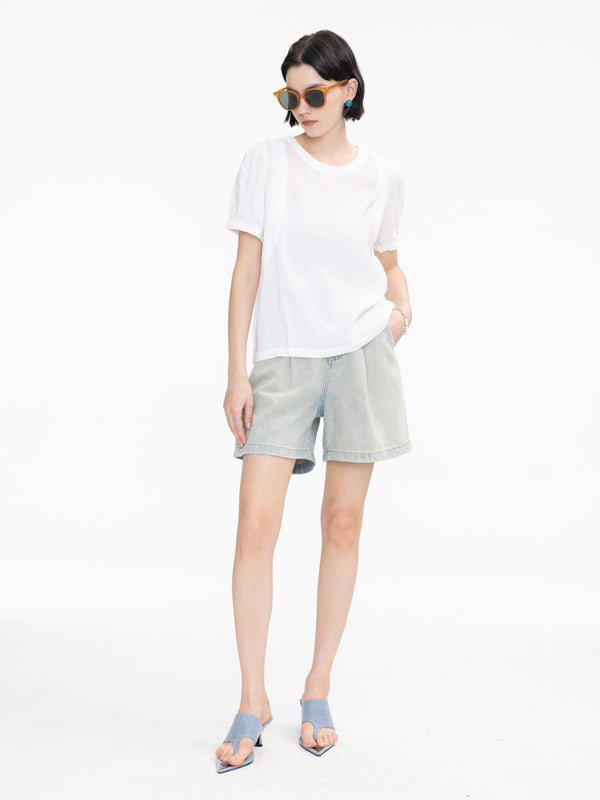 Cubic Wide Leg Pleated Denim Shorts Light Blue